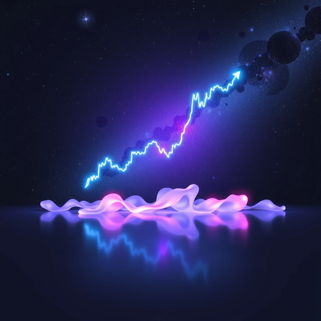 Fondo cósmico con velas japonesas de trading formadas por estrellas de neón